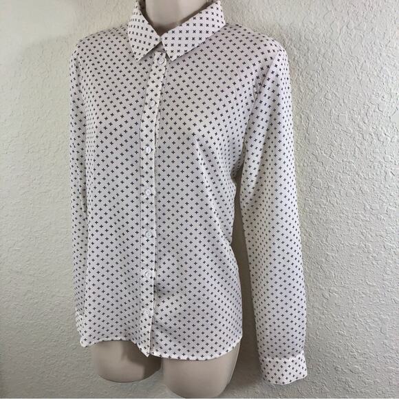 Vixbe Cream Black Print Button Front Long Sleeve Blouse Square Hem Loose Fit - Picture 14 of 16